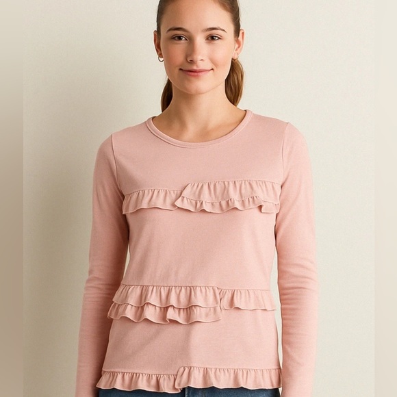 J. Crew Tops - 🌺👚 NEW J.Crew Pink Ruffle Long Sleeve Tee S 6 Girly Soft Cotton Cute Boho Top